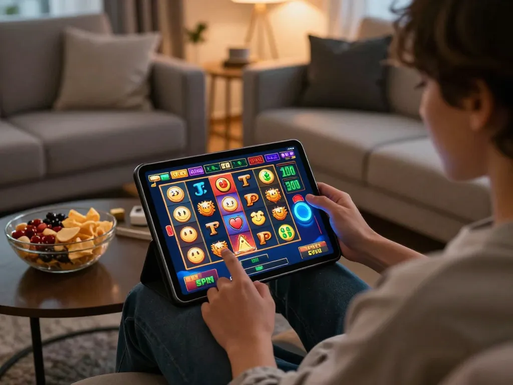 situs slot gaming excitement as a player spins the reels on a colorful online slot game from their living room