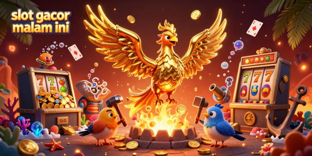 Memperlihatkan slot gacor malam ini dengan phoenix emas dan simbol slot menarik di latar belakang.