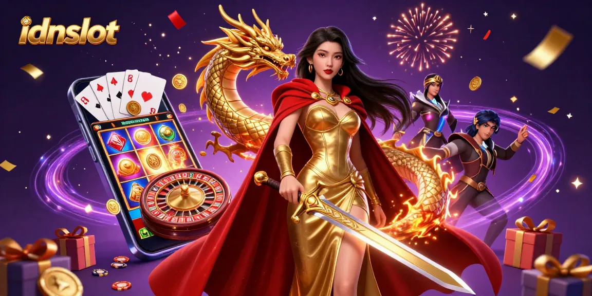 Experience the thrill of idnslot with golden dragons and exciting slot games illuminated in a vibrant 3D scene.