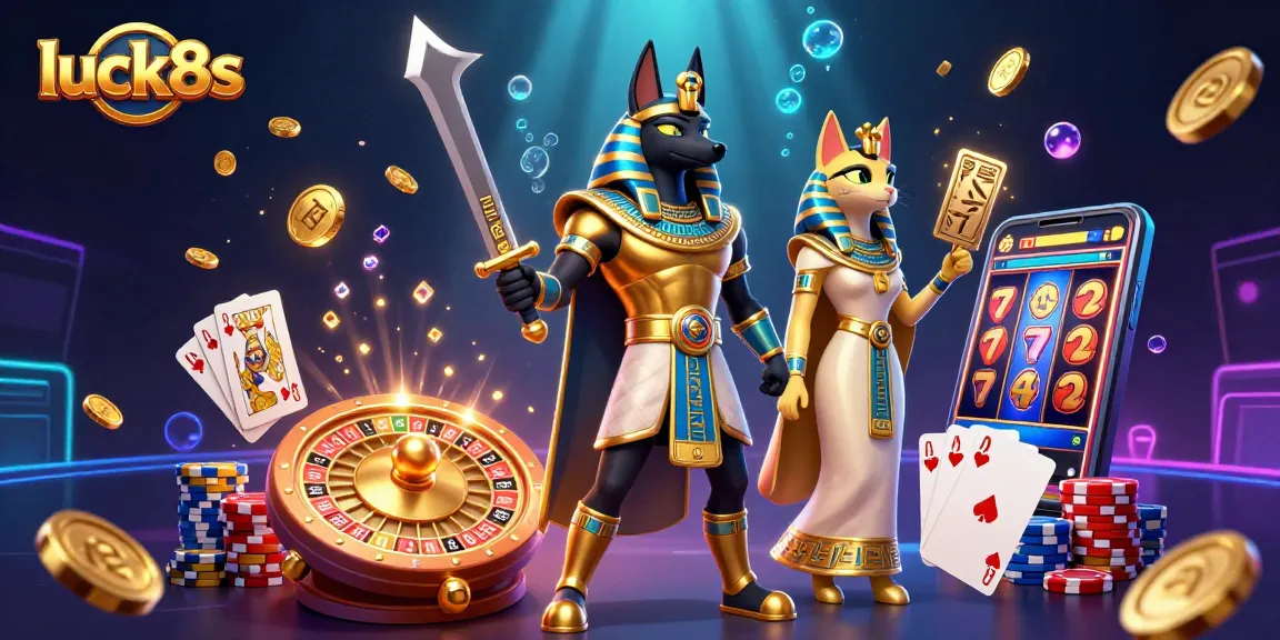 Experience the thrill of luck8s casino with Anubis and Bastet amidst vibrant jackpot elements.
