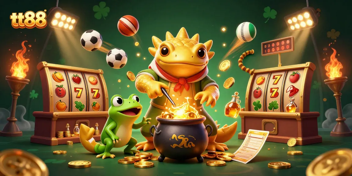 Spin jackpots and win at tt88 with vibrant 3D illustrations featuring golden alchemists and slots.