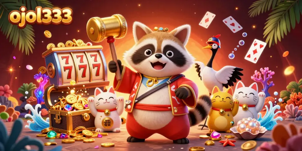 Spin to win with the vibrant ojol333 casino scene featuring cheerful characters and lively game elements.
