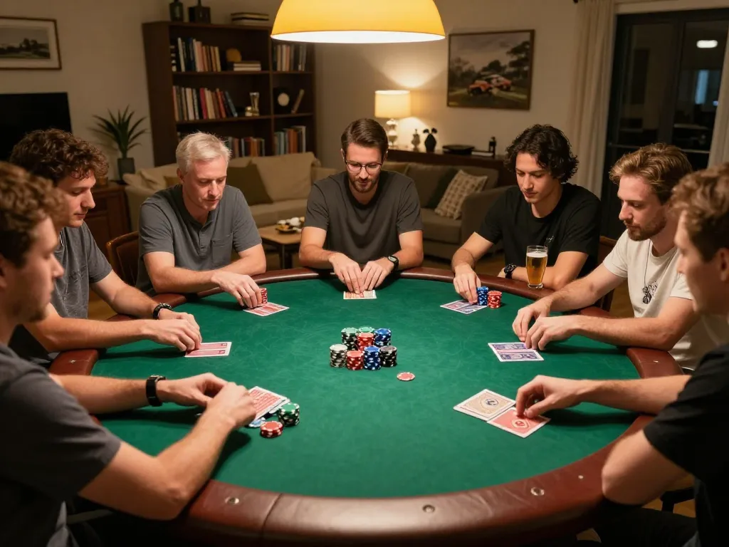 Players enjoying a friendly poker game at home, focusing on หนังใหม่ชนโรง strategic gameplay and social bonding moments