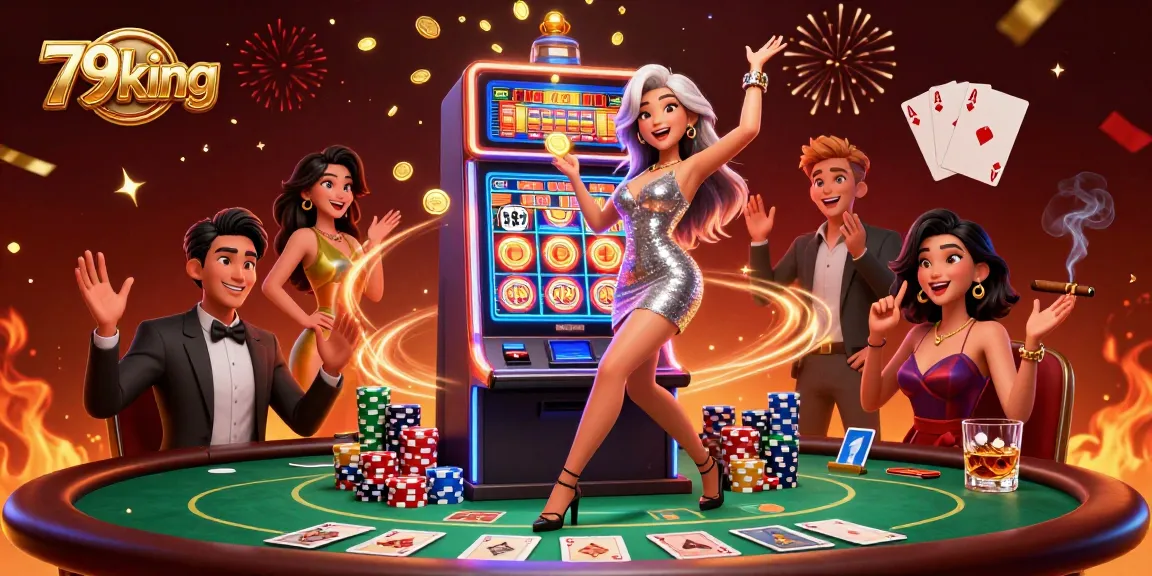 Experience thrilling wins with 79king as a celebratory Asian woman near a jackpot slot machine, vibrant casino ambiance.