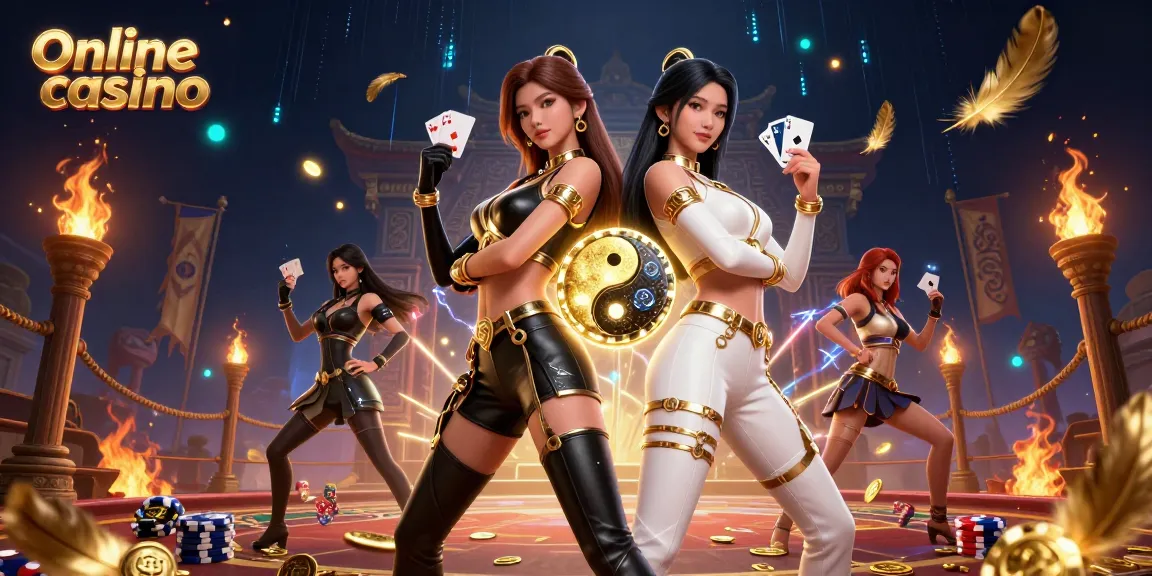 Engaging illustration of twin Asian women promoting online casino games with dramatic elements and golden accents.