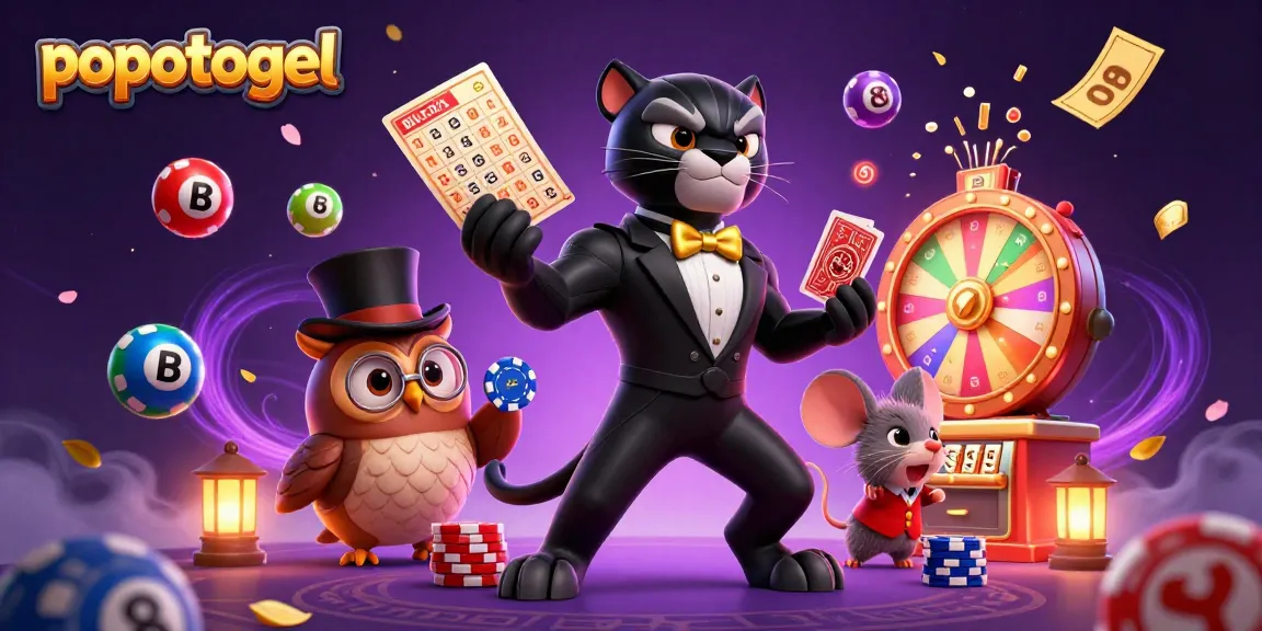 Engage with popotogel as the elegant panther deals exciting cards amid flying lottery balls and vibrant prizes.
