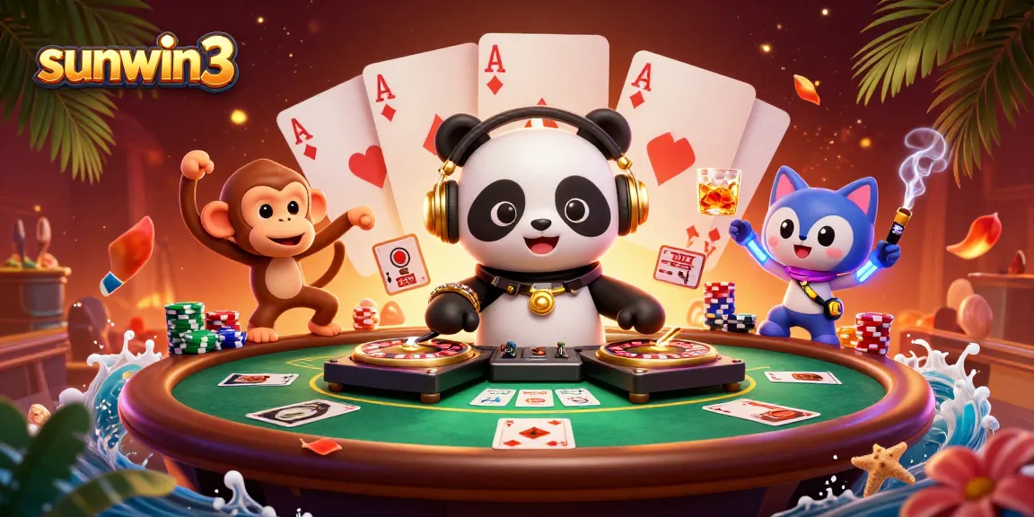 Play exciting games at sunwin3 with a colorful 3D casino scene featuring animated characters and poker action.