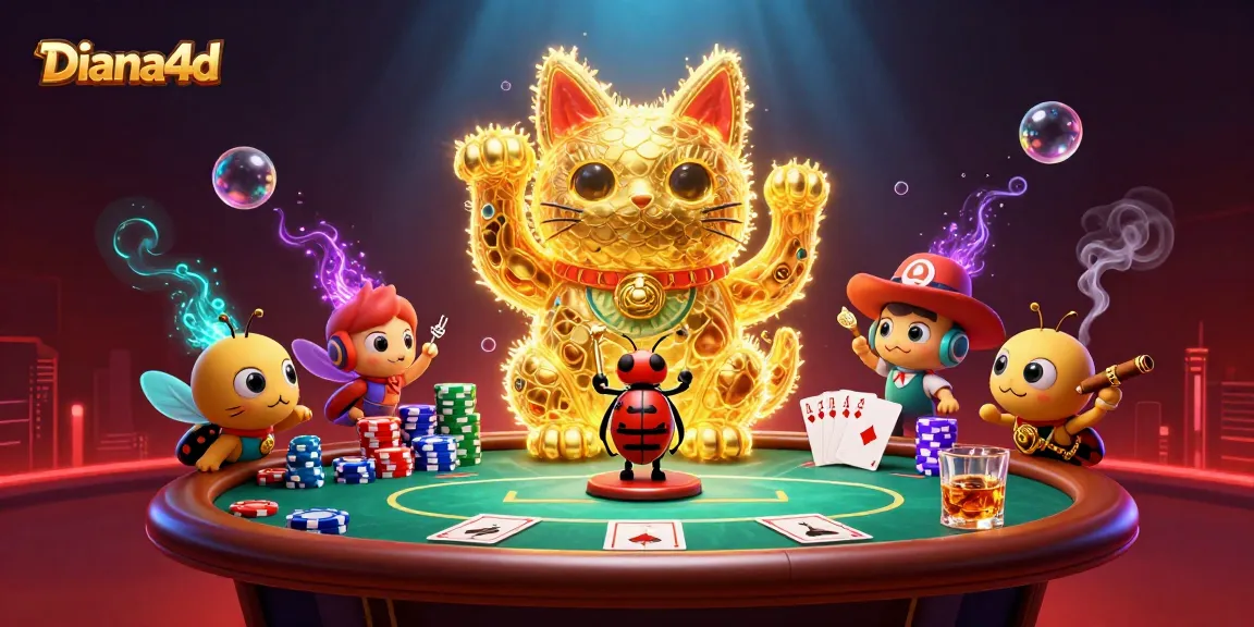 Diana4d showcases a giant lucky cat formed by fireflies amidst vibrant casino elements, enhancing gaming excitement.