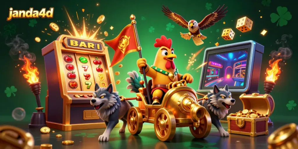 Gambaran menarik dari janda4d dengan mesin slot jackpot dan simbol kemenangan berada di latar belakang.