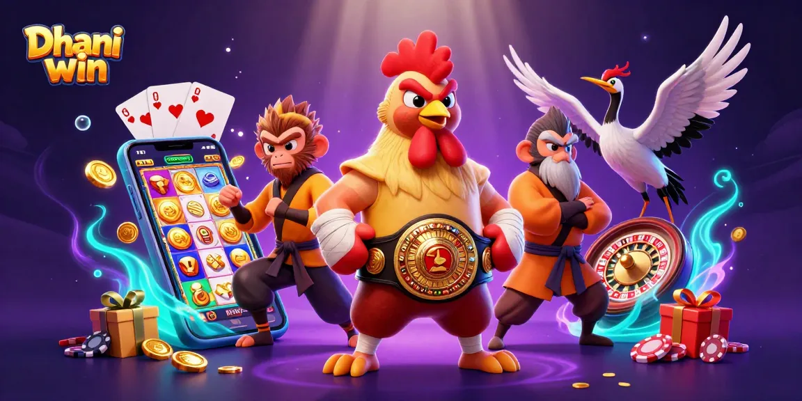 Dive into thrilling action with Dhani win as the Muay Thai rooster and friends engage with vibrant casino elements.
