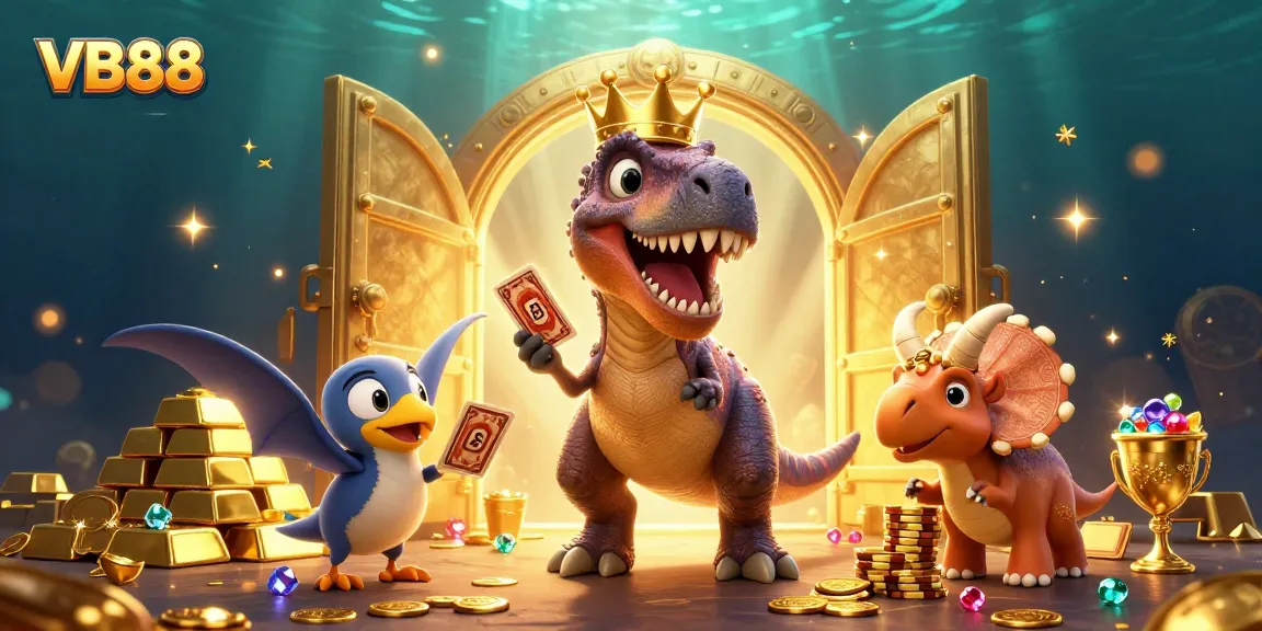 Experience VB88 excitement with T-Rex shuffling cards, sparkling gems, and treasure in a casino-themed illustration.