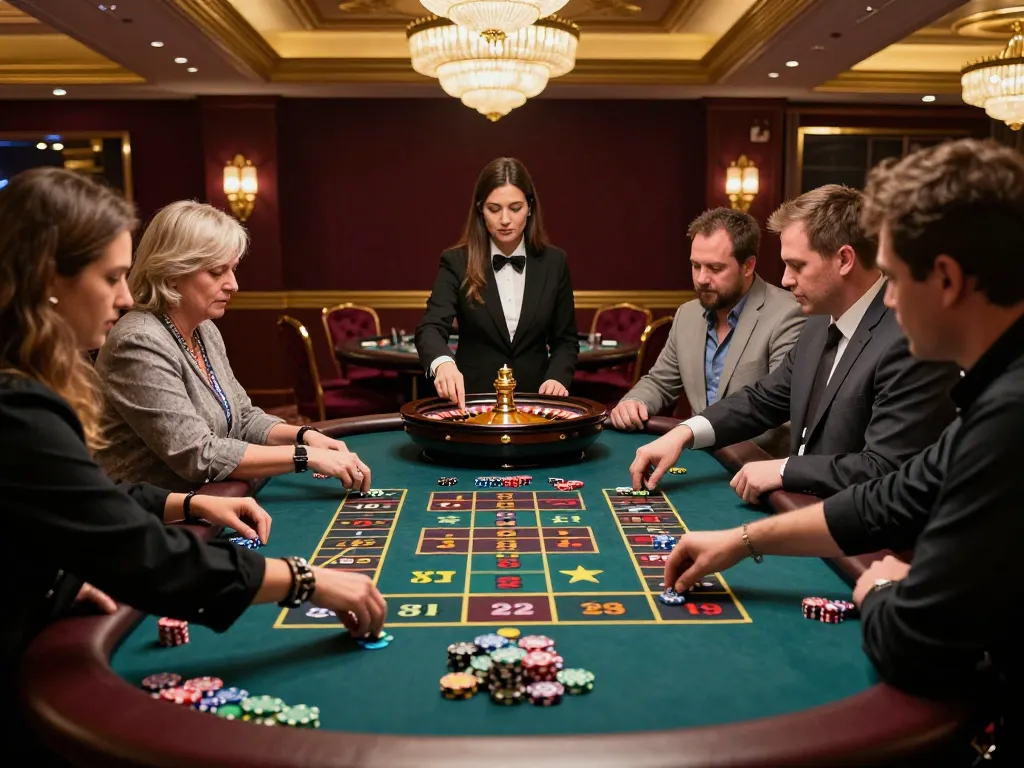 Players excitedly place bets at the LC88 roulette table in a lavish casino setting.