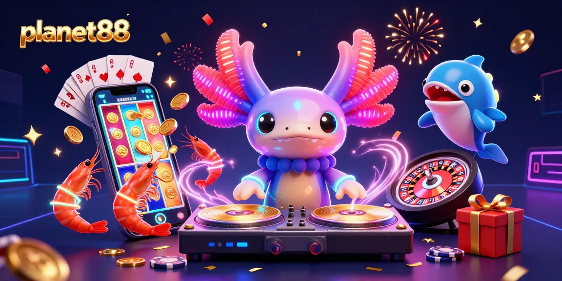 Spin and win with planet88's vibrant slot games featuring colorful characters in a fun casino scene.