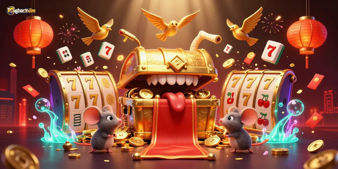 Rongbachkim excites players with 3D slot reels, golden treasures, and festive elements in a vibrant casino scene.
