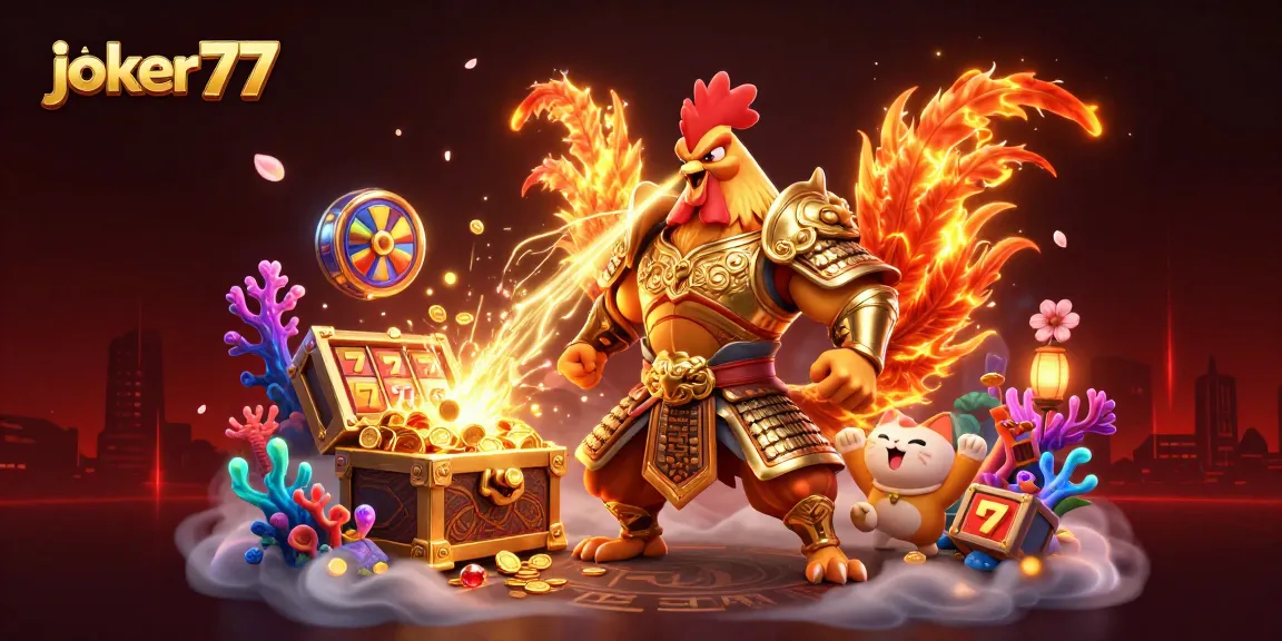 Experience thrilling gameplay with joker77 in this vibrant 3D casino scene filled with lucky symbols.