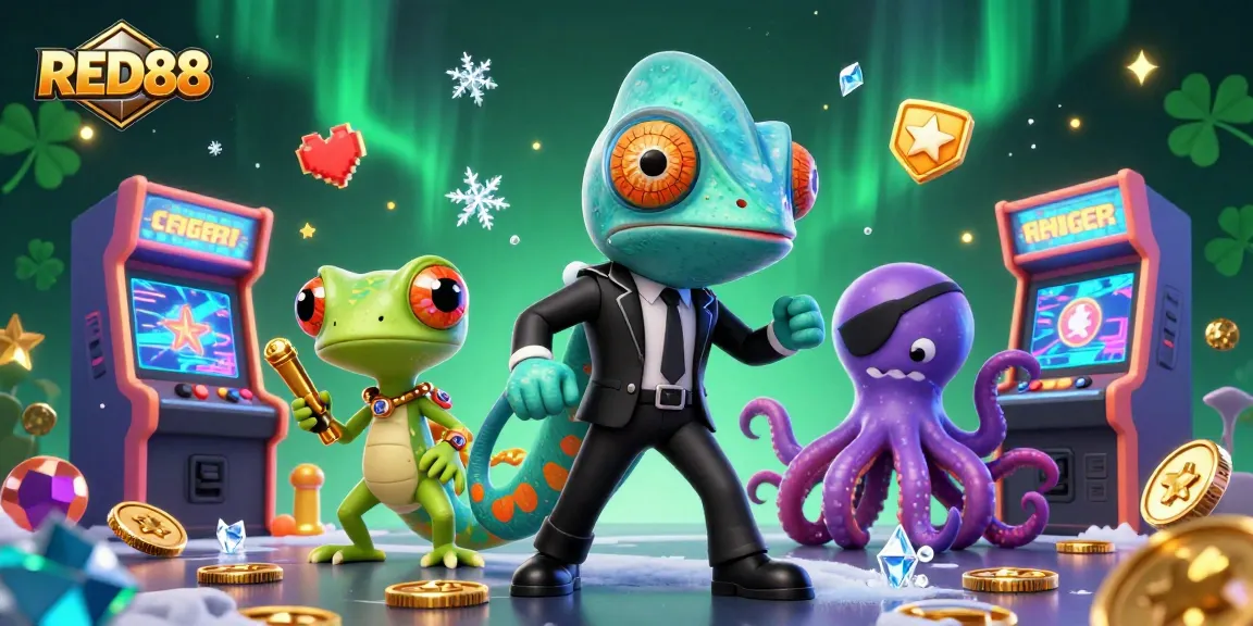 Character-filled illustration featuring RED88 in an engaging casino-themed digital scene.