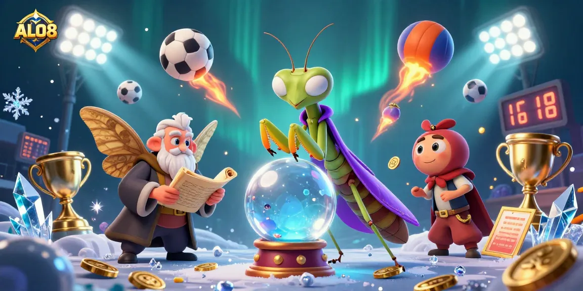 Join ALO8 players for thrilling sports betting action featuring dynamic illustrations of fortune tellers and sports elements.