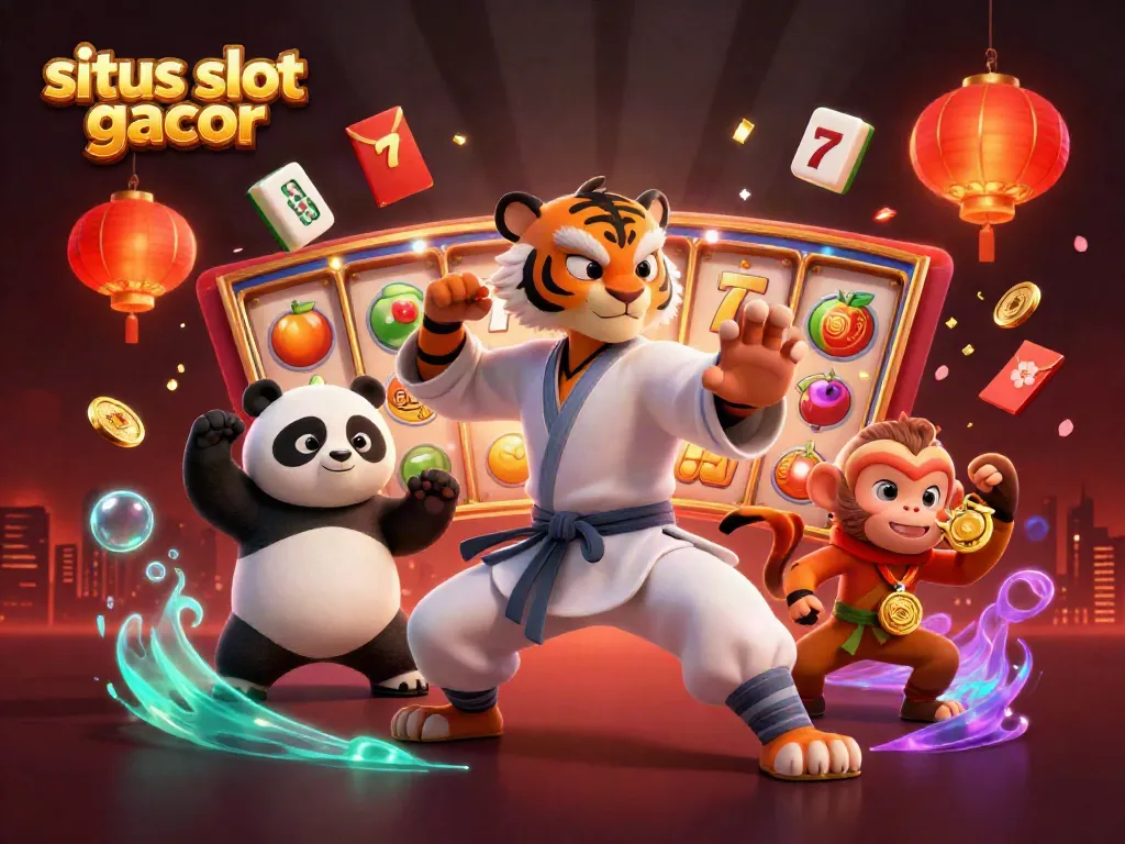 Ilustrasi situs slot gacor dengan karakter beruang panda dan monyet, menampilkan permainan jackpot yang menarik.