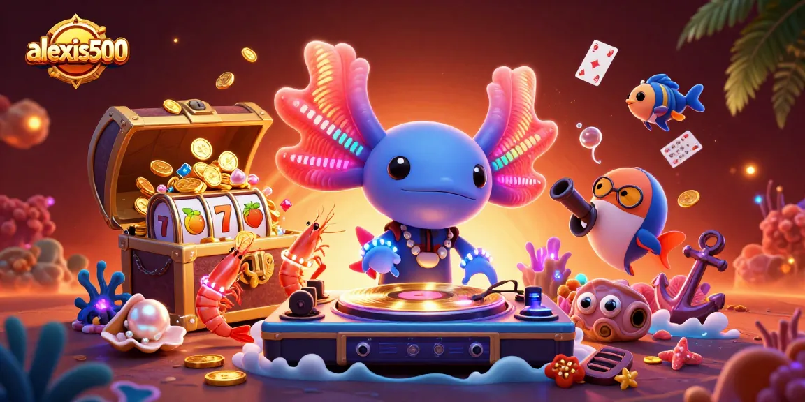 Spin to win with alexis500's vibrant underwater casino scene featuring a neon axolotl DJ and slot game elements.