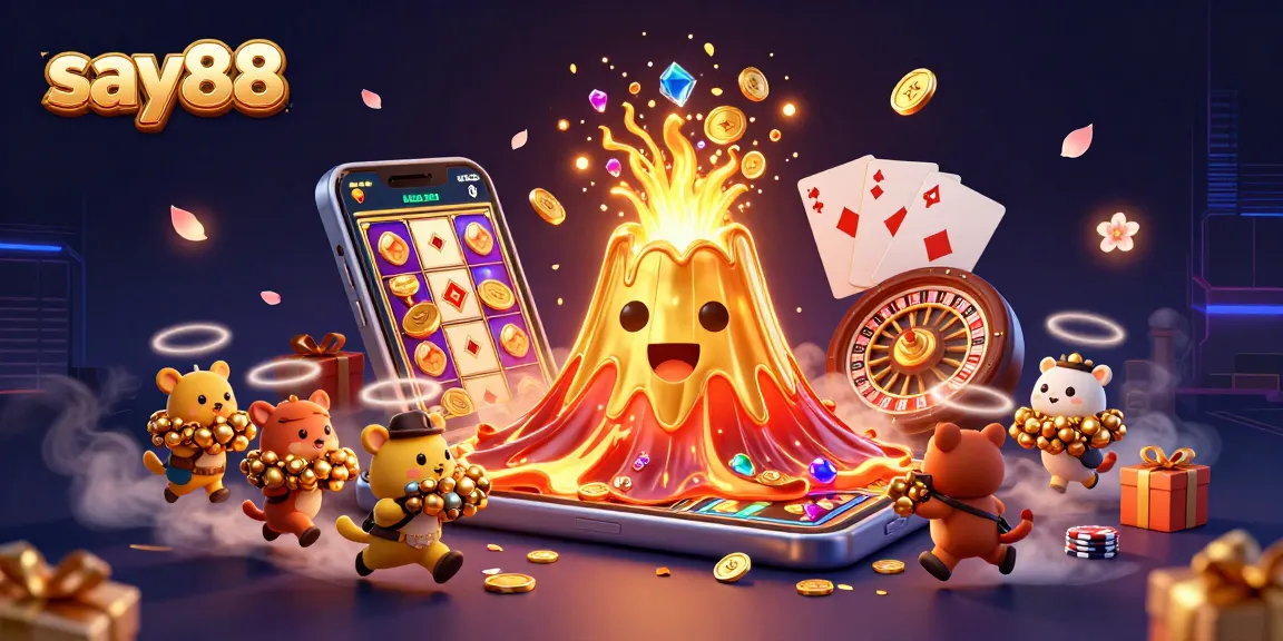 Experience excitement with say88's golden volcano erupting treasure in a vibrant casino illustration.