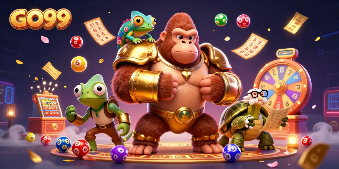 GO99 energetic casino scene featuring a powerful gorilla, colorful lottery elements, and dynamic gameplay.