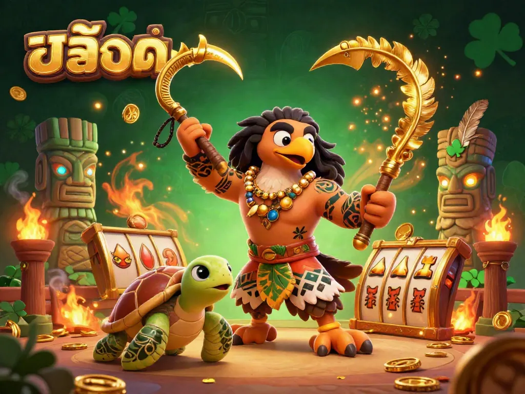 Engage with สล็อตทดลอง through an immersive 3D illustration of a demigod hawk and turtle in a slot game setting filled with rich details.