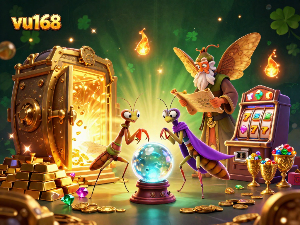 Experience thrilling gameplay at vu168 with a vibrant casino scene featuring fortune tellers and slot machine elements.