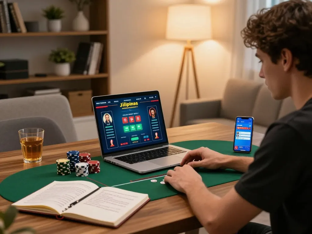 Jilipinas online poker game setup with a player focused on strategic gameplay at home
