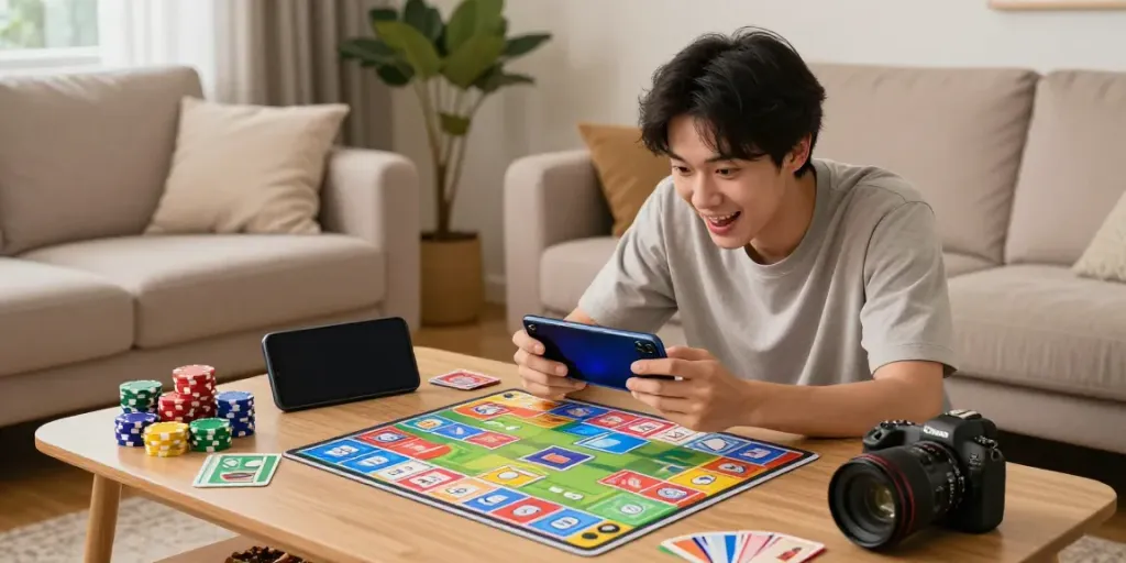 Engaged user enjoying Rumble Rummy on a smartphone in a cozy living room.