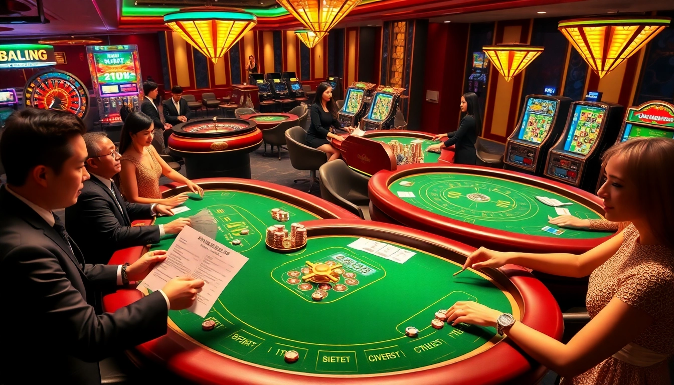 Experience the thrill of NK88 as players engage with vibrant casino tables and slot machines.