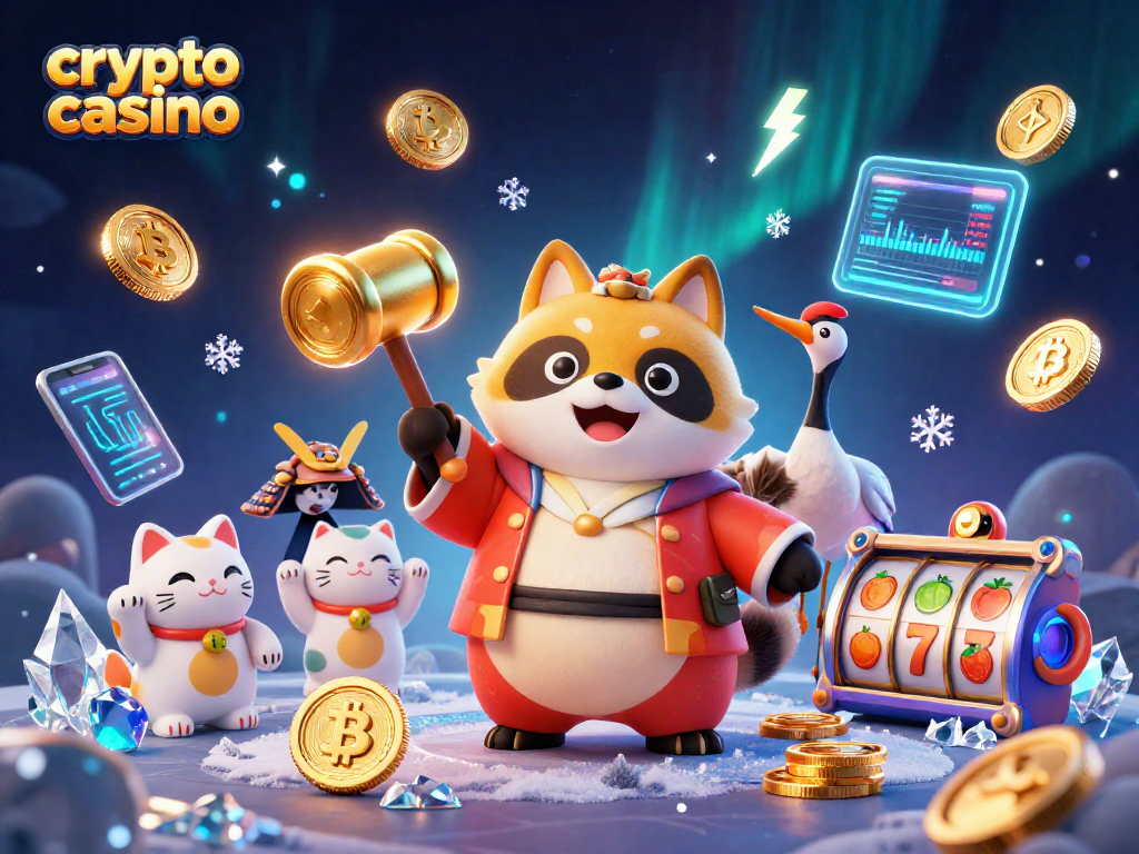 Enjoy the vibrant scene of a crypto casino with cheerful tanuki, NFT art, and glowing coins.