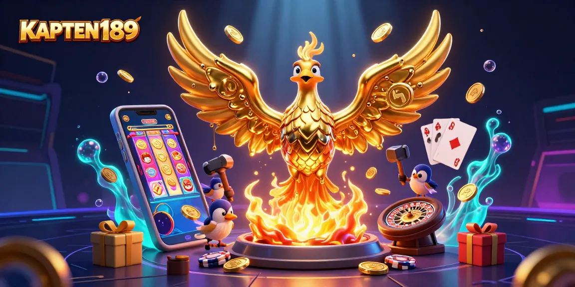 KAPTEN189 menghadirkan slot online menarik dengan ilustrasi phoenix emas dan elemen kasino yang penuh warna.