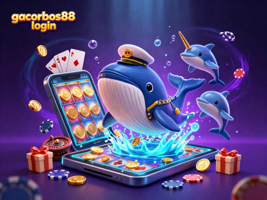 Join the fun at gacorbos88 login with a colorful, engaging casino scene featuring animated marine characters.