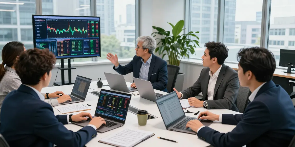 Analisis pasar Kakakjudi dengan trader profesional di kantor modern.