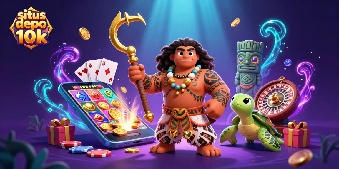 Engage with situs depo 10k as vibrant slot game action surrounds a Polynesian demigod and turtle.