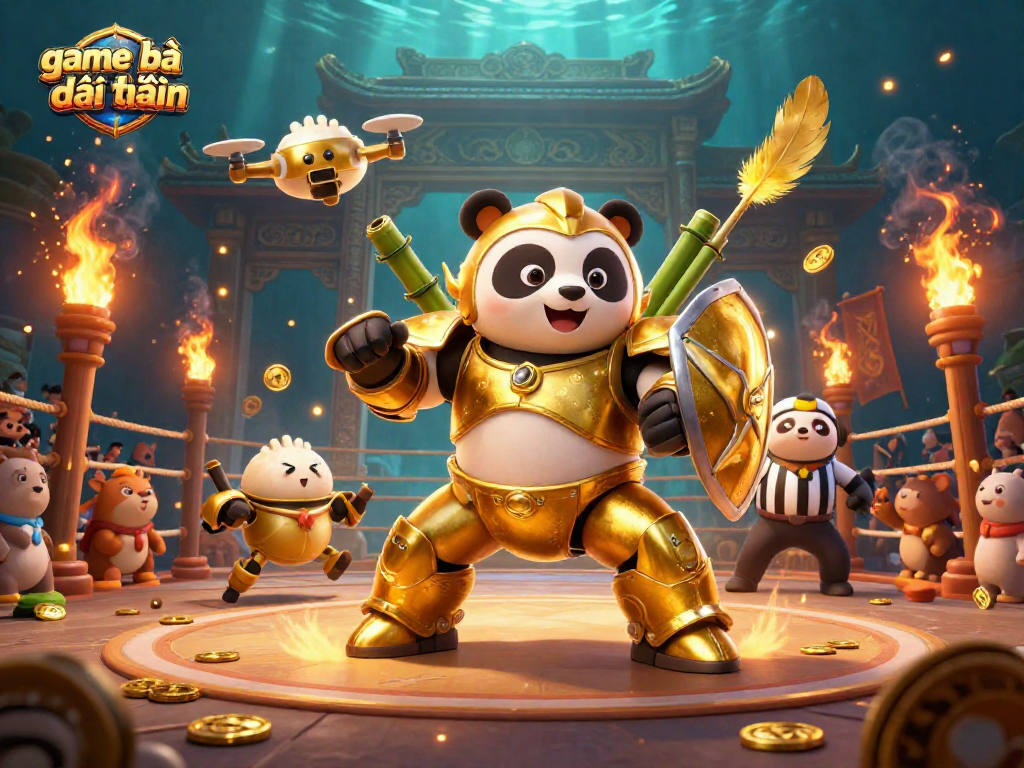 Experience game bài đổi thưởng with a dynamic fighting panda in an arena full of excitement.