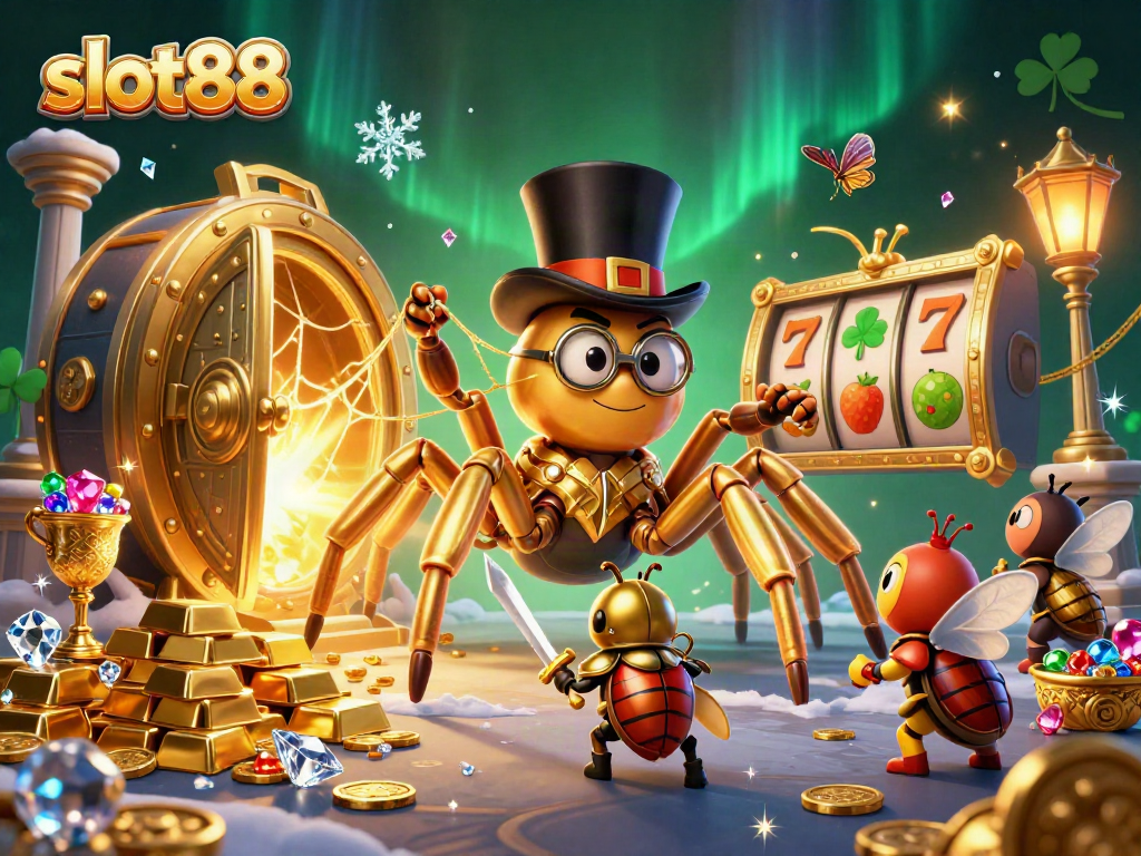 Play slots at slot88 with a vibrant casino scene featuring gold and treasure.