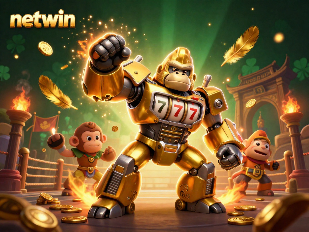 Experience thrilling action at netwin with a dynamic 3D illustration of a slot machine gorilla mech.