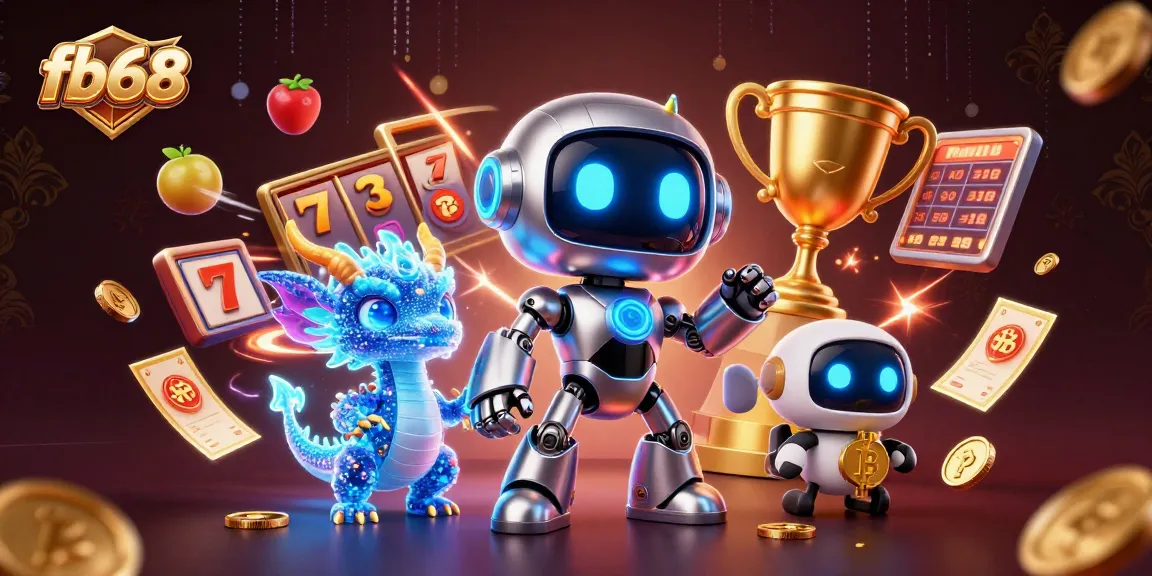 Experience excitement with fb68 in this dynamic 3D casino illustration featuring slots and characters.
