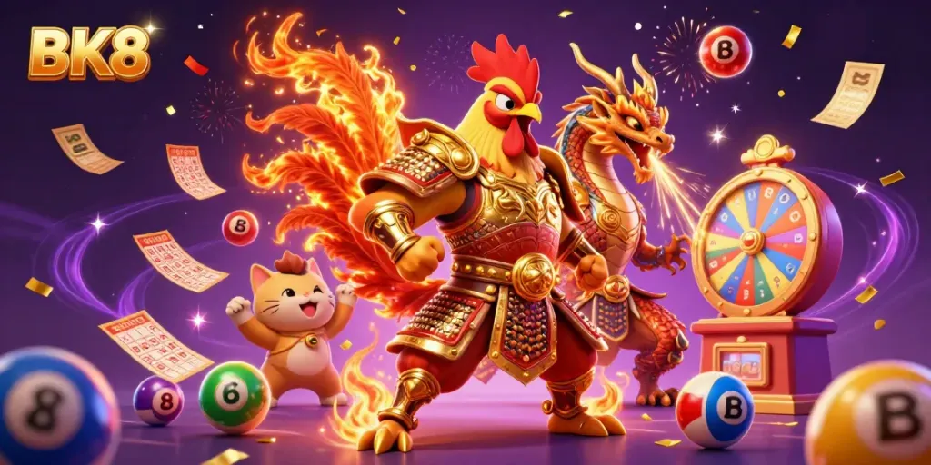 Join the excitement at BK8 with thrilling lottery games and captivating characters celebrating victory.