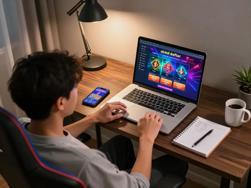 Engaging with oli4d daftar on a laptop during an online gaming session, showcasing a vibrant atmosphere.