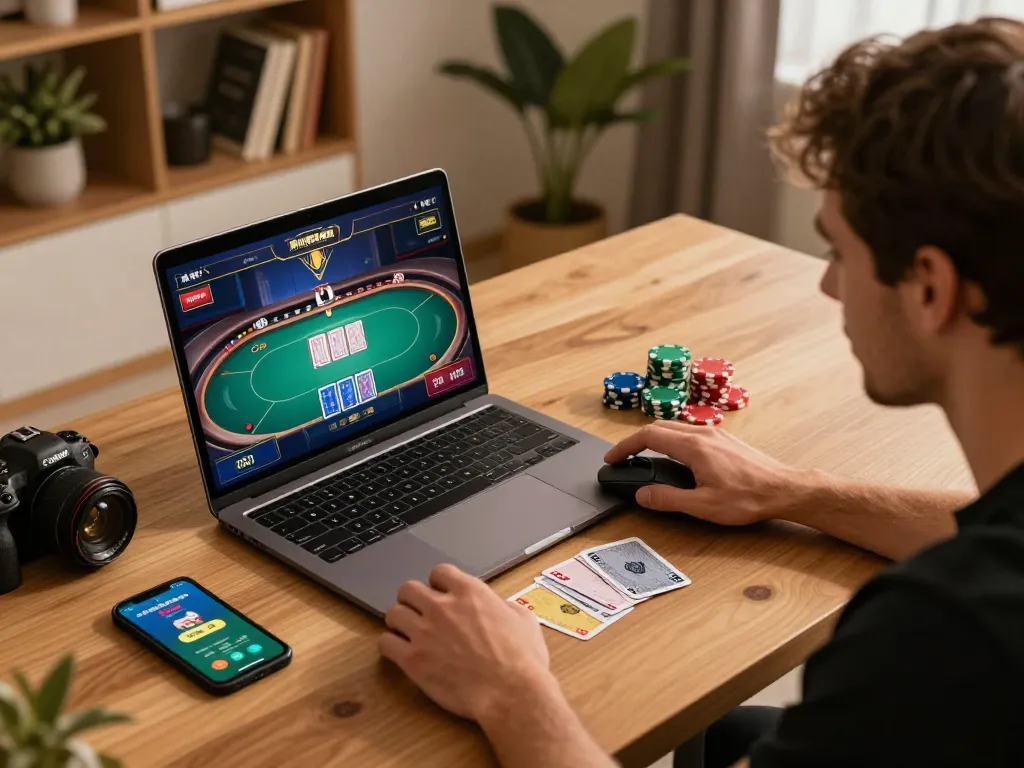 SIN888 online poker game in modern home office setting with engaged player and strategic elements.