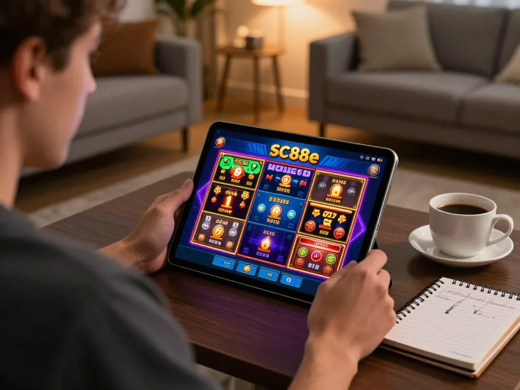 Player enjoying the SC88e mobile casino app on a tablet, surrounded by a cozy atmosphere.