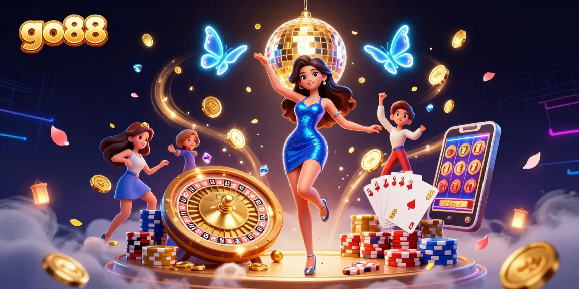 Experience the excitement of go88 with a glamorous illustration of a dynamic casino scene.