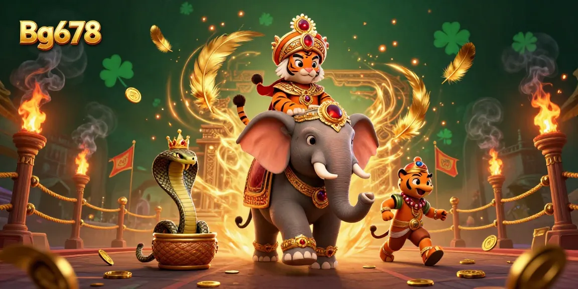 Engage with exciting gameplay at Bg678 featuring a vibrant 3D illustration of a maharaja tiger and dynamic casino elements.
