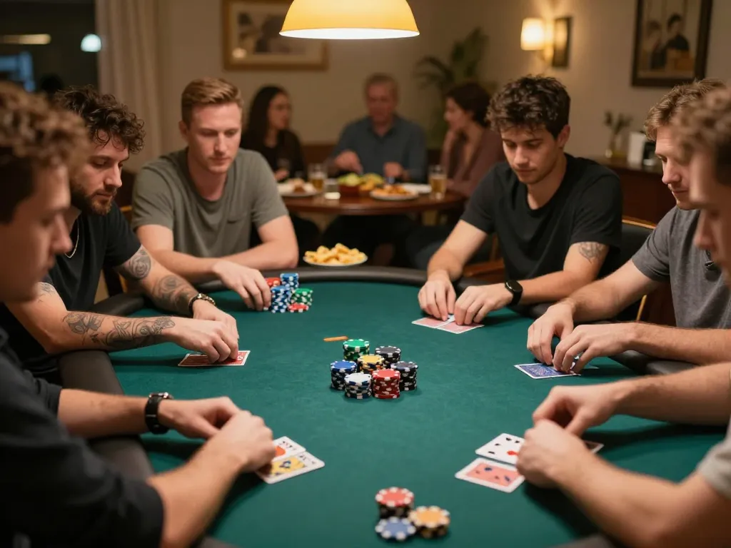 Engaged players enjoy a friendly poker night at home, showcasing responsible gaming with Nhà cái uy tín practices.