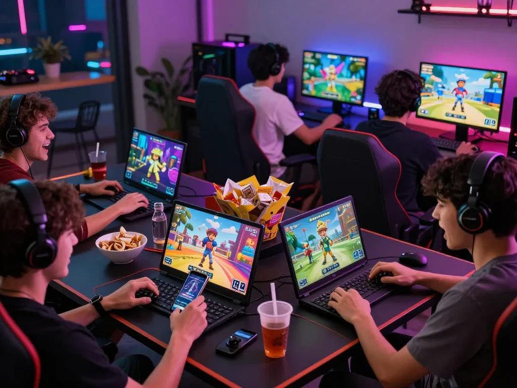 Engaged players enjoying a sex game on various devices in a vibrant gaming setup.