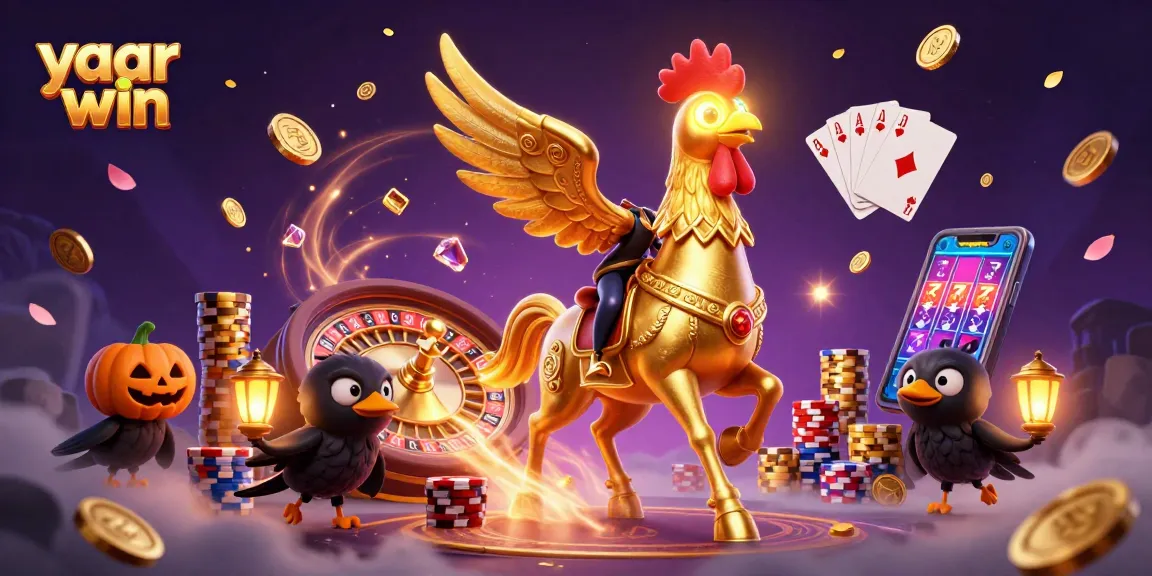 Engage with yaar win's spectacular casino scene featuring a golden rooster amidst cascading rewards.