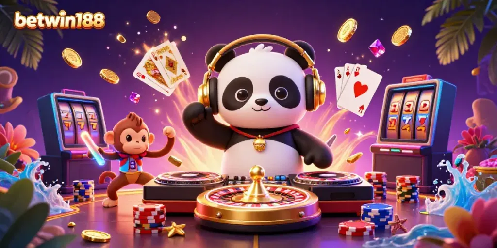 Betwin188 menghadirkan suasana permainan kasino yang menarik dengan DJ panda dan aksesoris penuh warna.