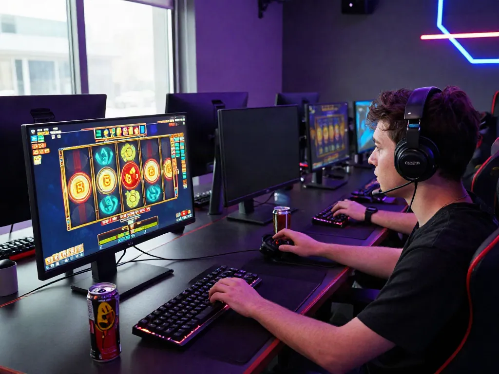 Engaged player enjoying slot88 online gaming experience with colorful graphics and gaming accessories.
